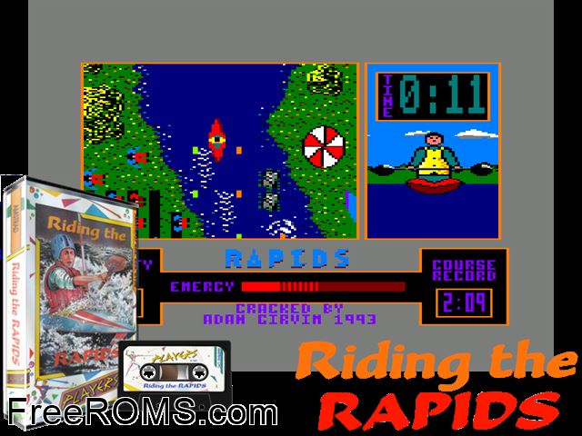 Riding The Rapids (UK) (1987) [a1] Amstrad CPC game showing 3D box cover and gameplay screenshot